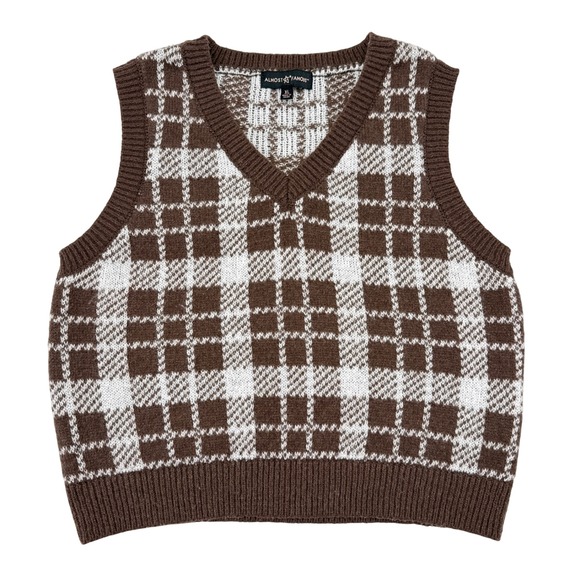 Almost Famous Sweater Vest Womens Size XL Brown White Plaid Knit Retro Academia - Picture 1 of 9